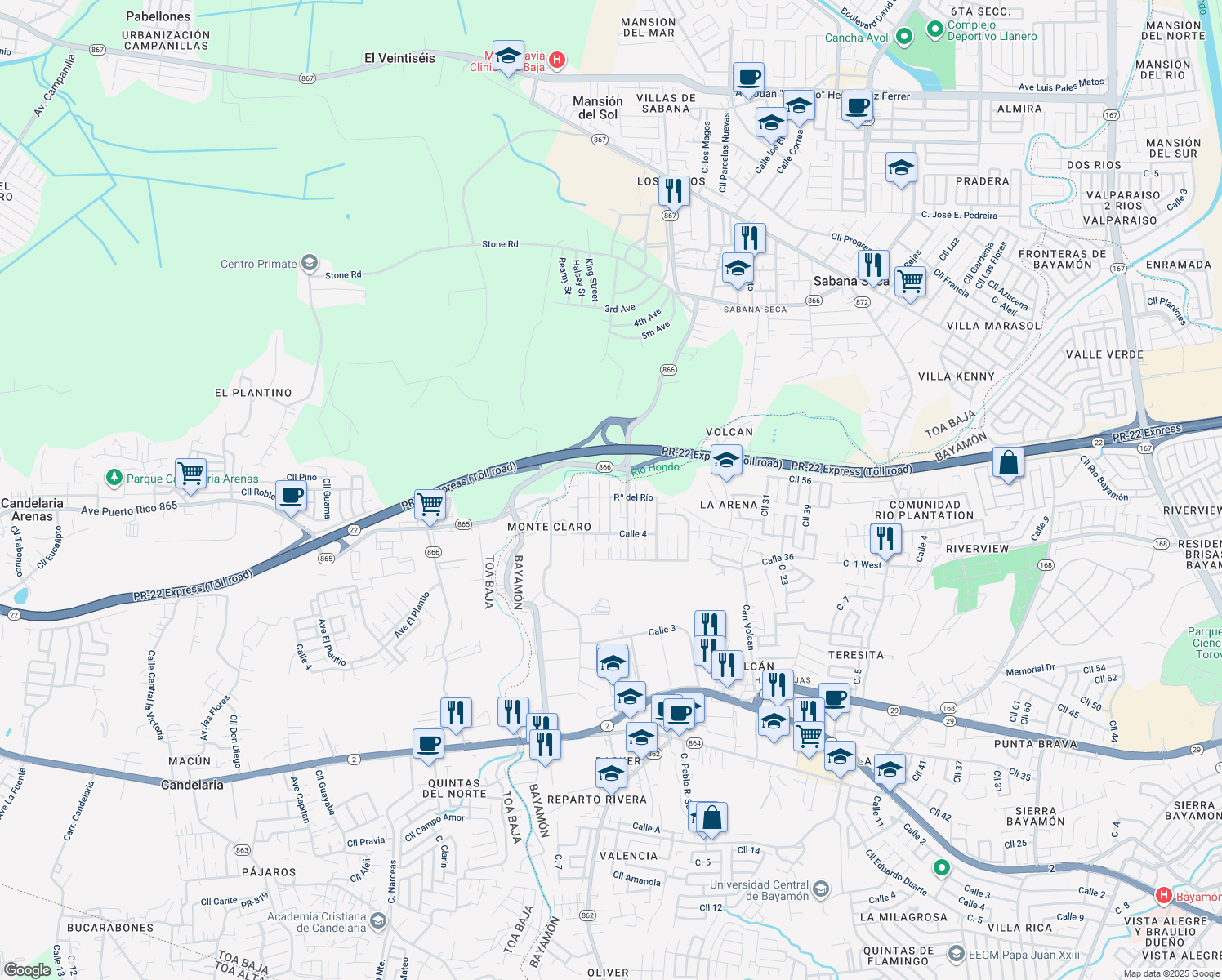 map of restaurants, bars, coffee shops, grocery stores, and more near Plaza 3 in Bayamón