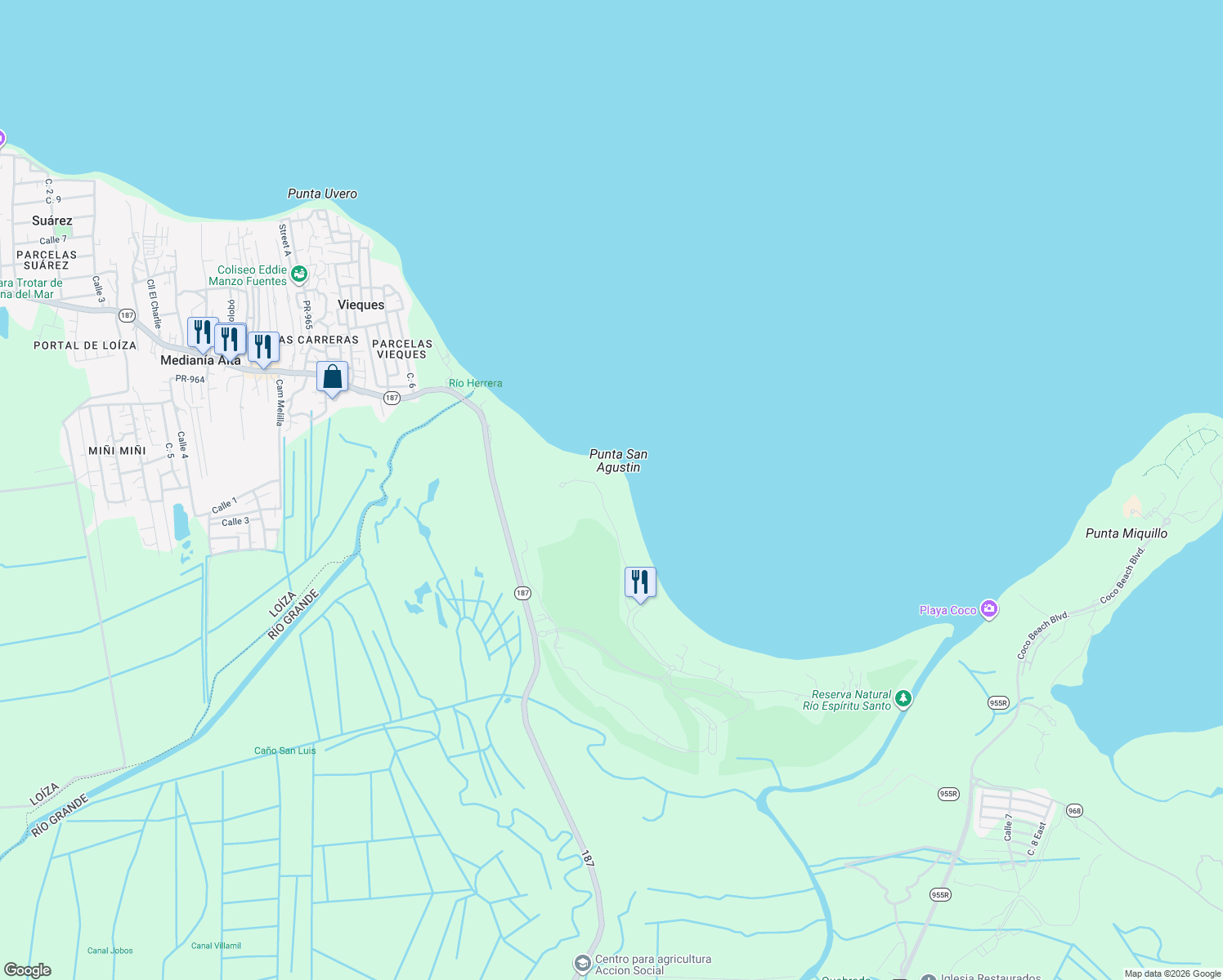 map of restaurants, bars, coffee shops, grocery stores, and more near in Río Grande