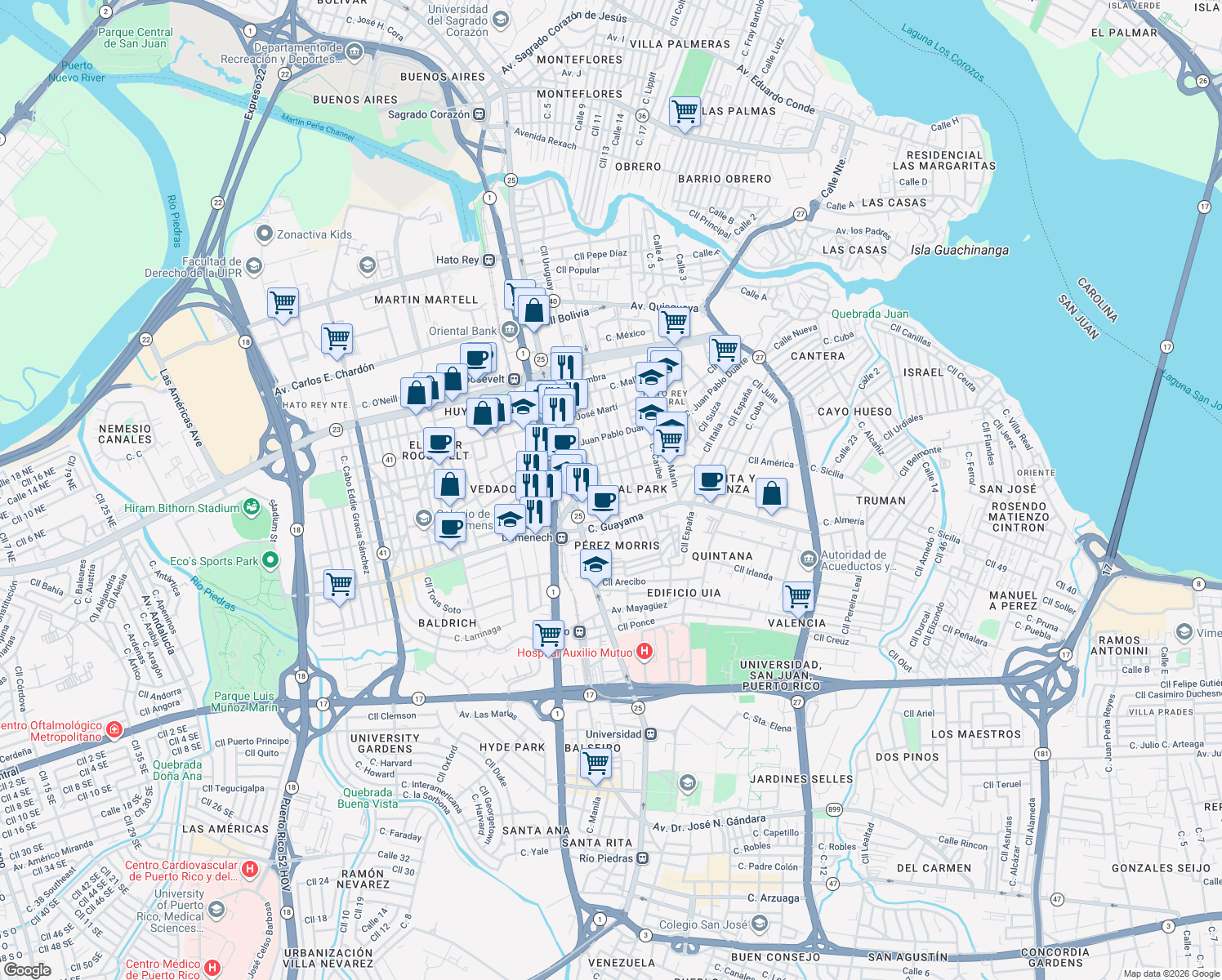 map of restaurants, bars, coffee shops, grocery stores, and more near Calle Padre Rufo in San Juan