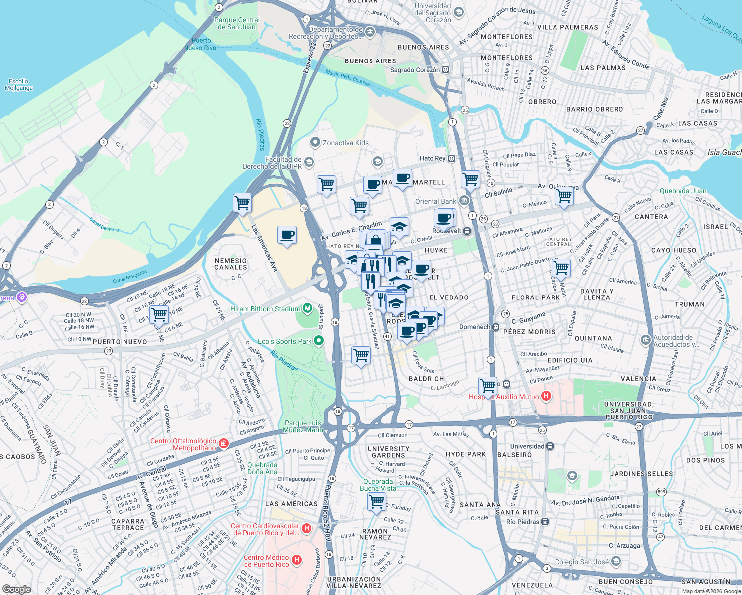 map of restaurants, bars, coffee shops, grocery stores, and more near in San Juan