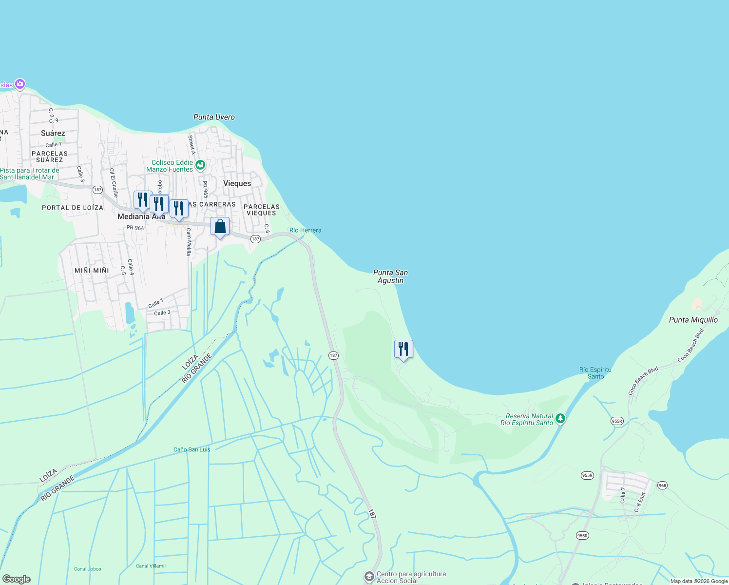 map of restaurants, bars, coffee shops, grocery stores, and more near in Río Grande