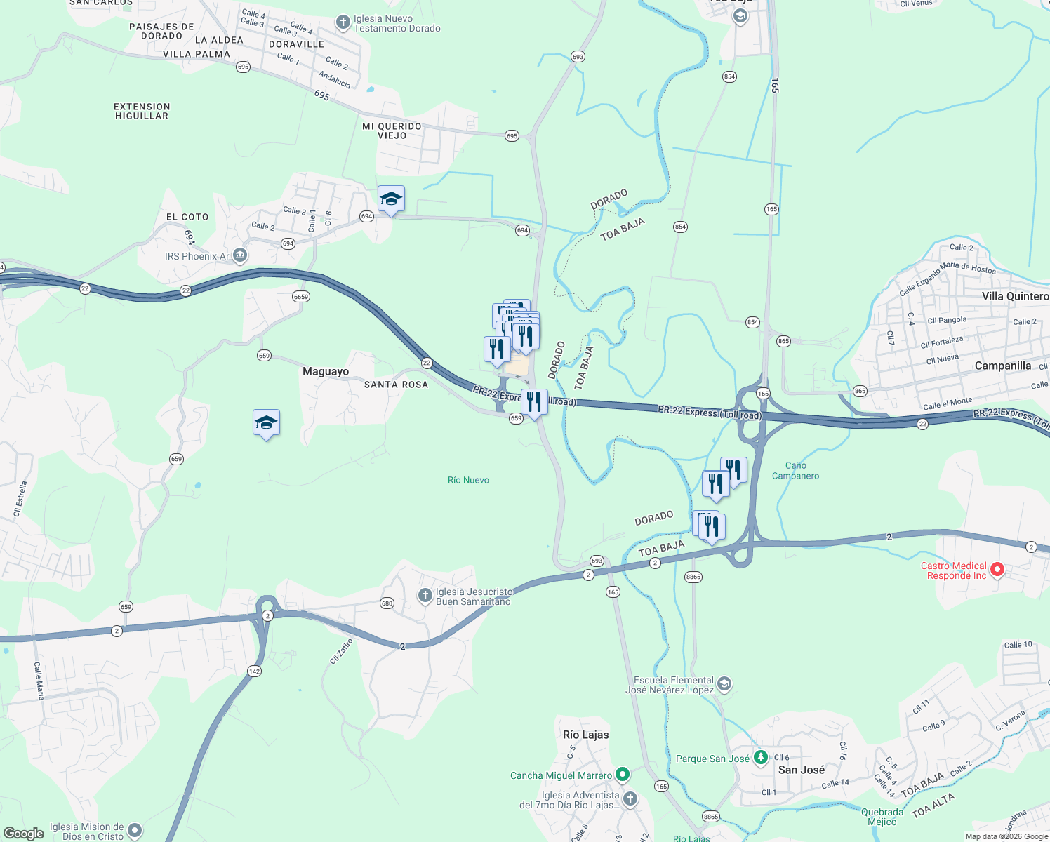 map of restaurants, bars, coffee shops, grocery stores, and more near Carretera Puerto Rico 693 in Toa Alta