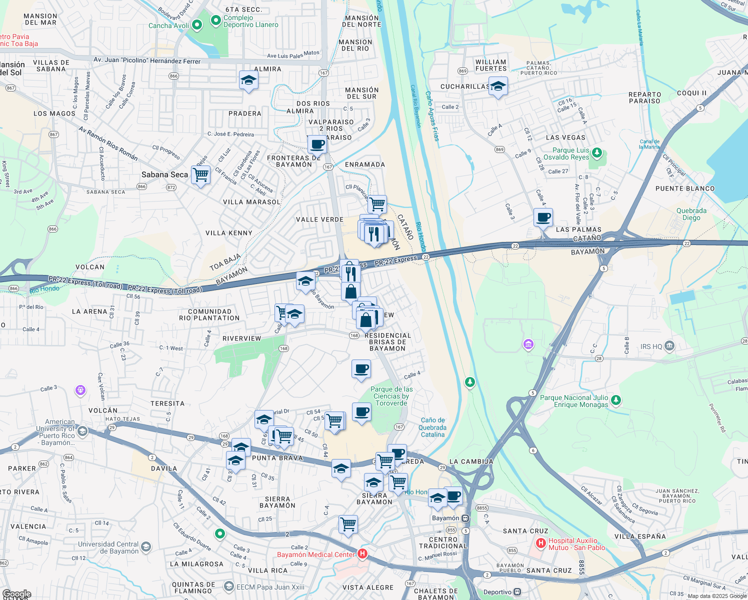 map of restaurants, bars, coffee shops, grocery stores, and more near 49 Calle 36 in Bayamón