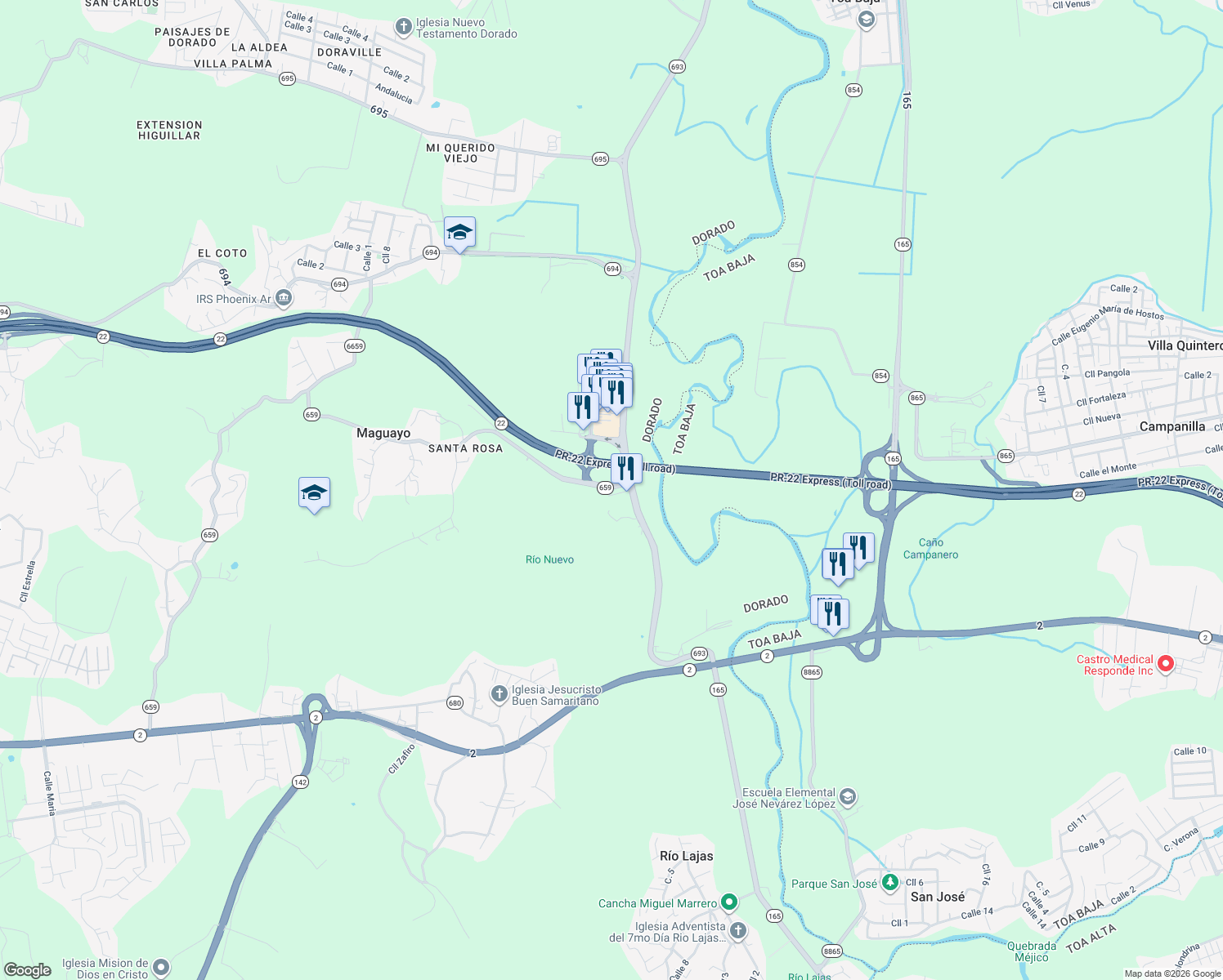 map of restaurants, bars, coffee shops, grocery stores, and more near in Maguayo