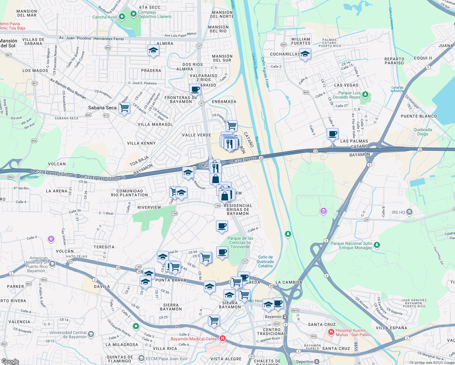 map of restaurants, bars, coffee shops, grocery stores, and more near 49 36 Street in Bayamón
