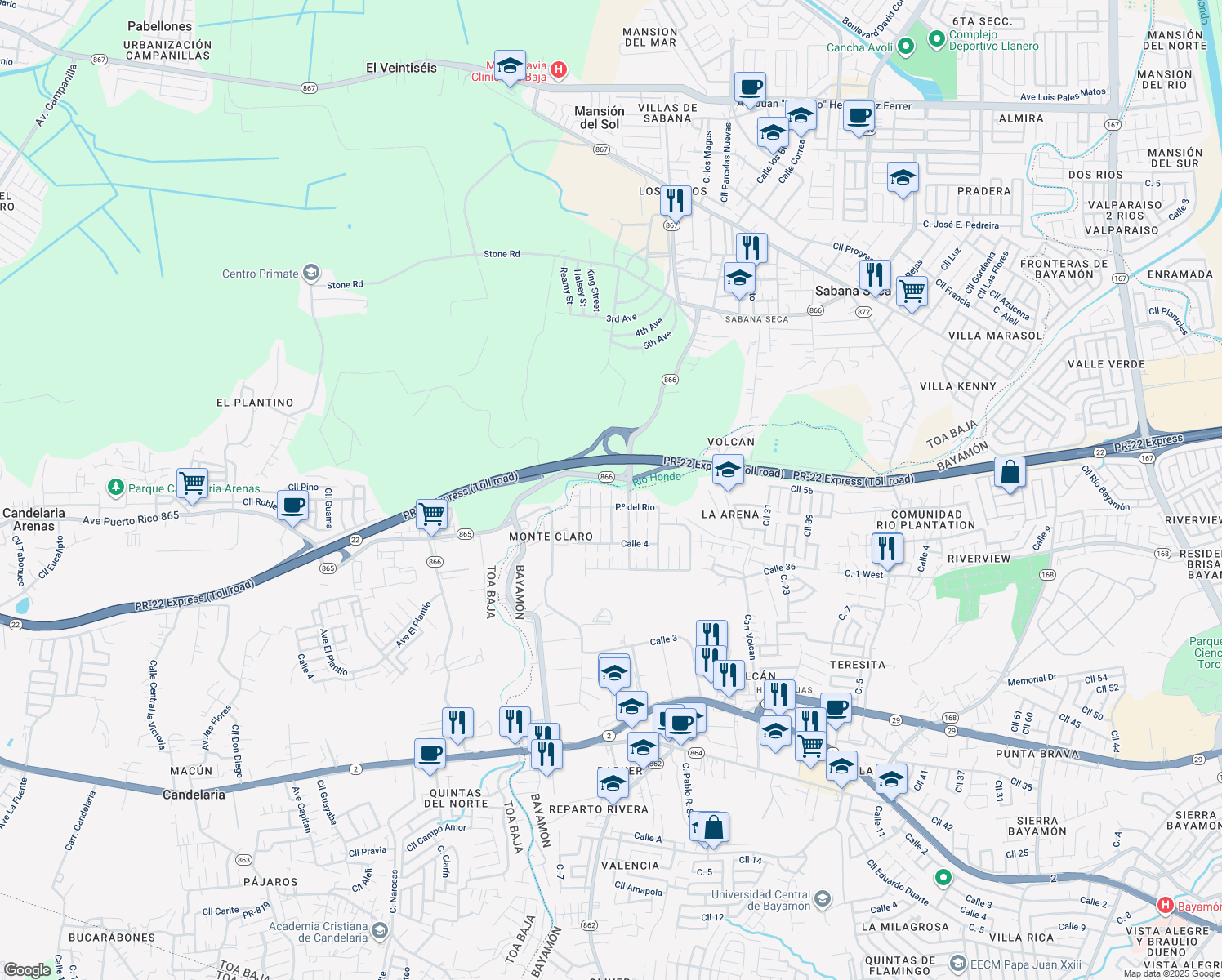 map of restaurants, bars, coffee shops, grocery stores, and more near Plaza 3 in Bayamón