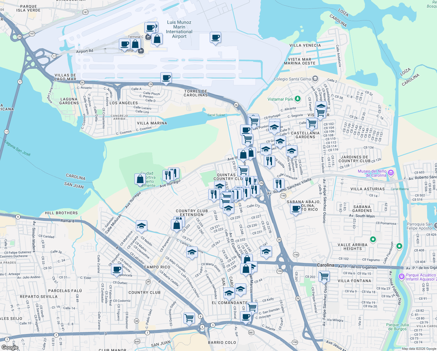 map of restaurants, bars, coffee shops, grocery stores, and more near in Carolina