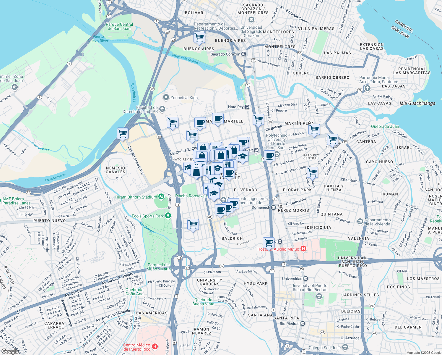 map of restaurants, bars, coffee shops, grocery stores, and more near 265 ⛉ Roosevelt Ave in San Juan