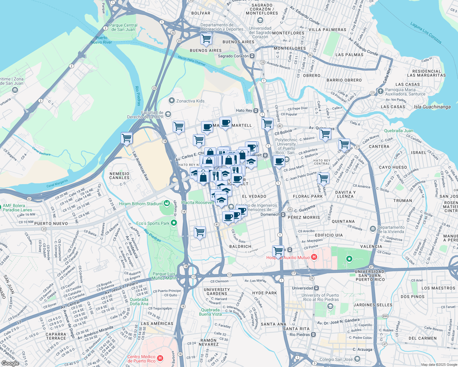 map of restaurants, bars, coffee shops, grocery stores, and more near 265 ⛉ Roosevelt Ave in San Juan