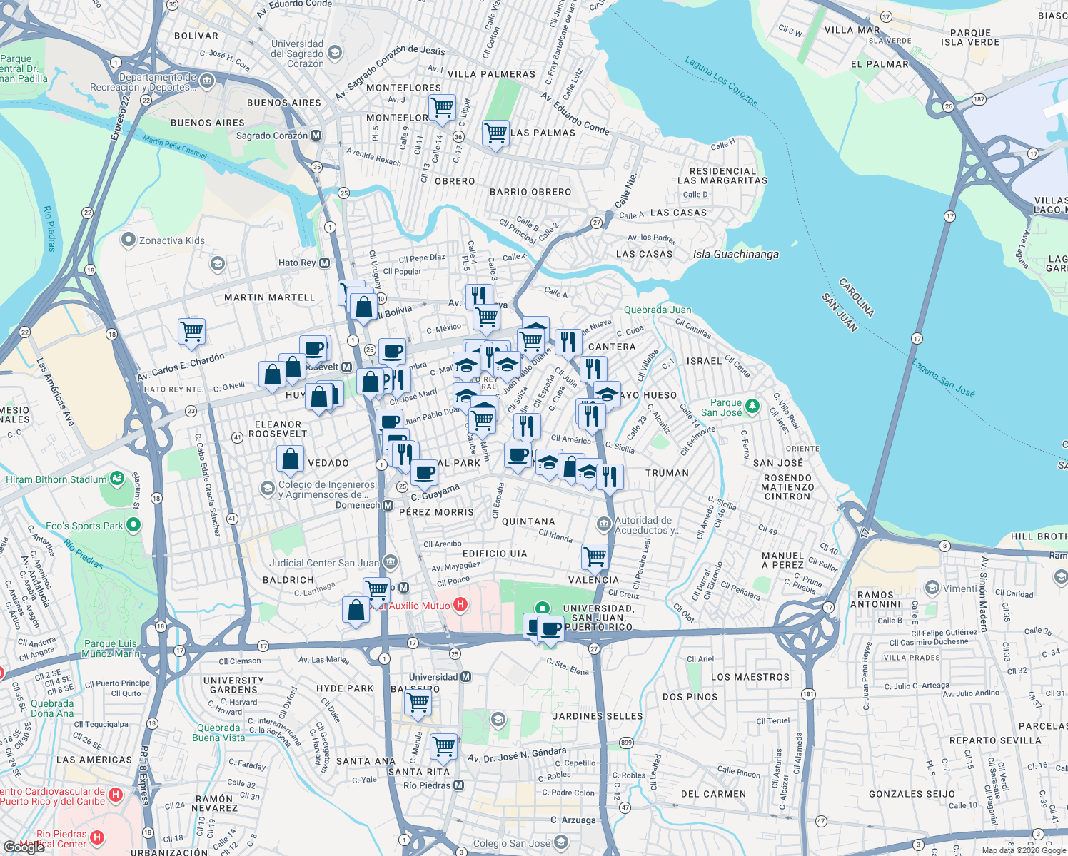 map of restaurants, bars, coffee shops, grocery stores, and more near 190-198 Calle San Juan in San Juan