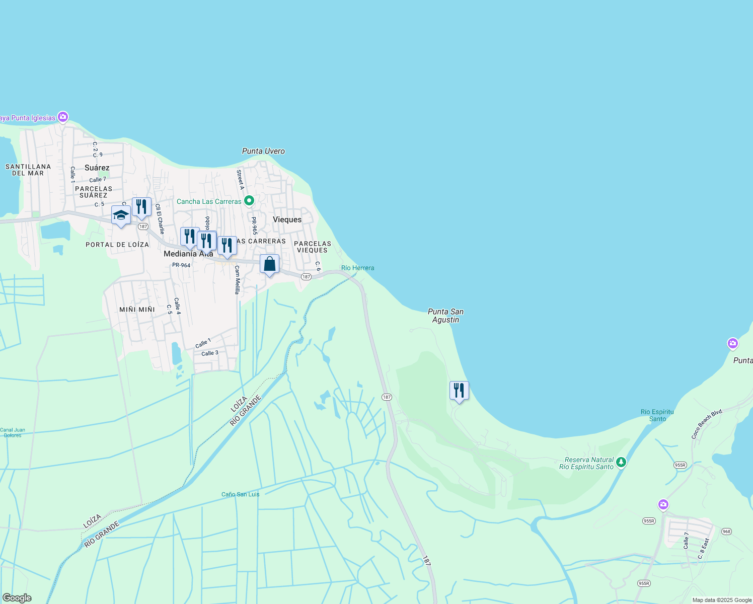 map of restaurants, bars, coffee shops, grocery stores, and more near 5 Puerto Rico 187 in Río Grande
