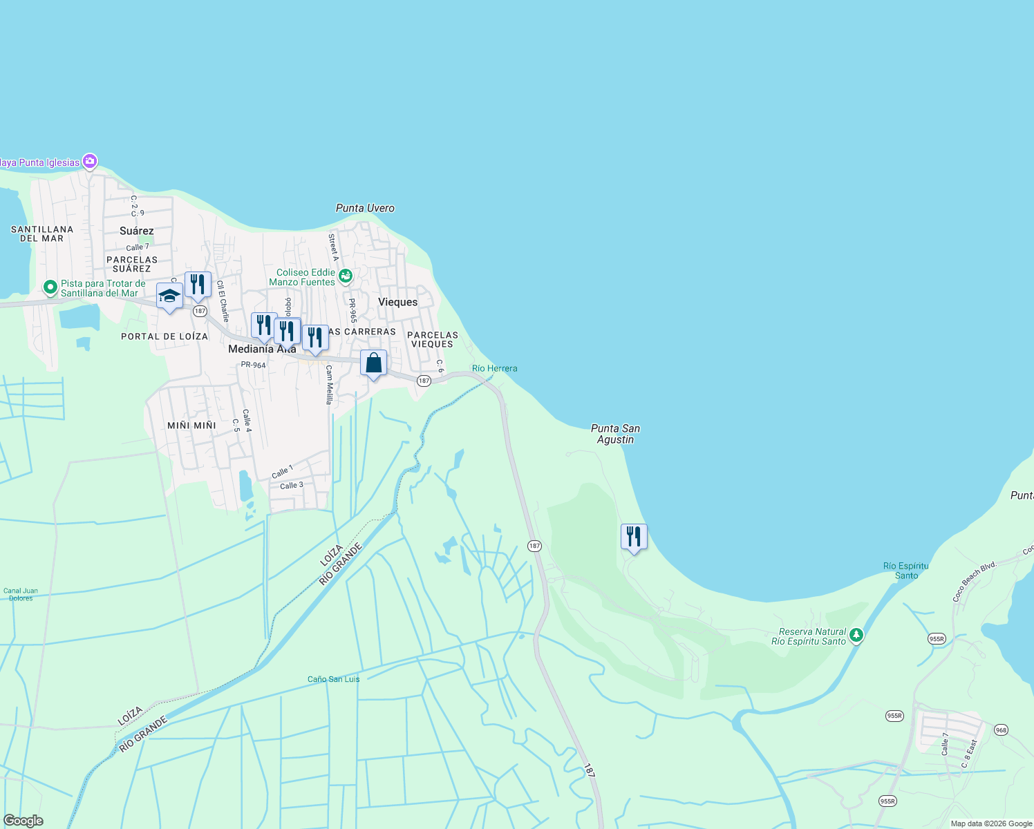 map of restaurants, bars, coffee shops, grocery stores, and more near 5 Puerto Rico 187 in Río Grande