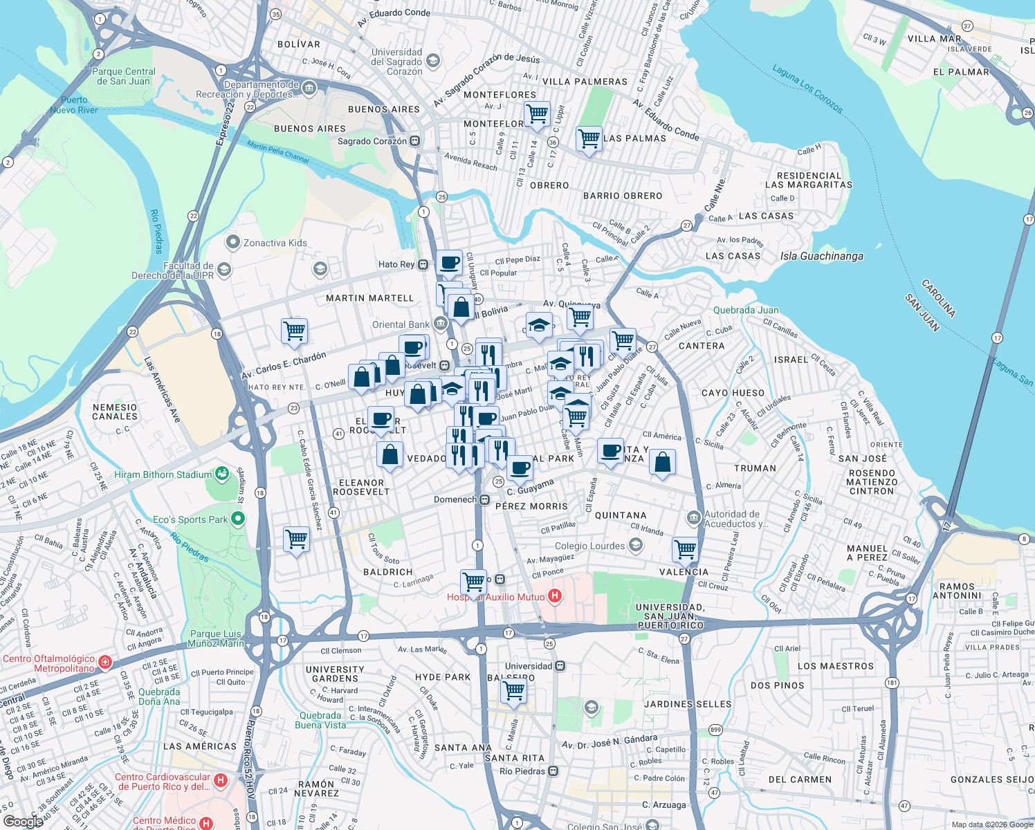 map of restaurants, bars, coffee shops, grocery stores, and more near Calle Padre Rufo in San Juan