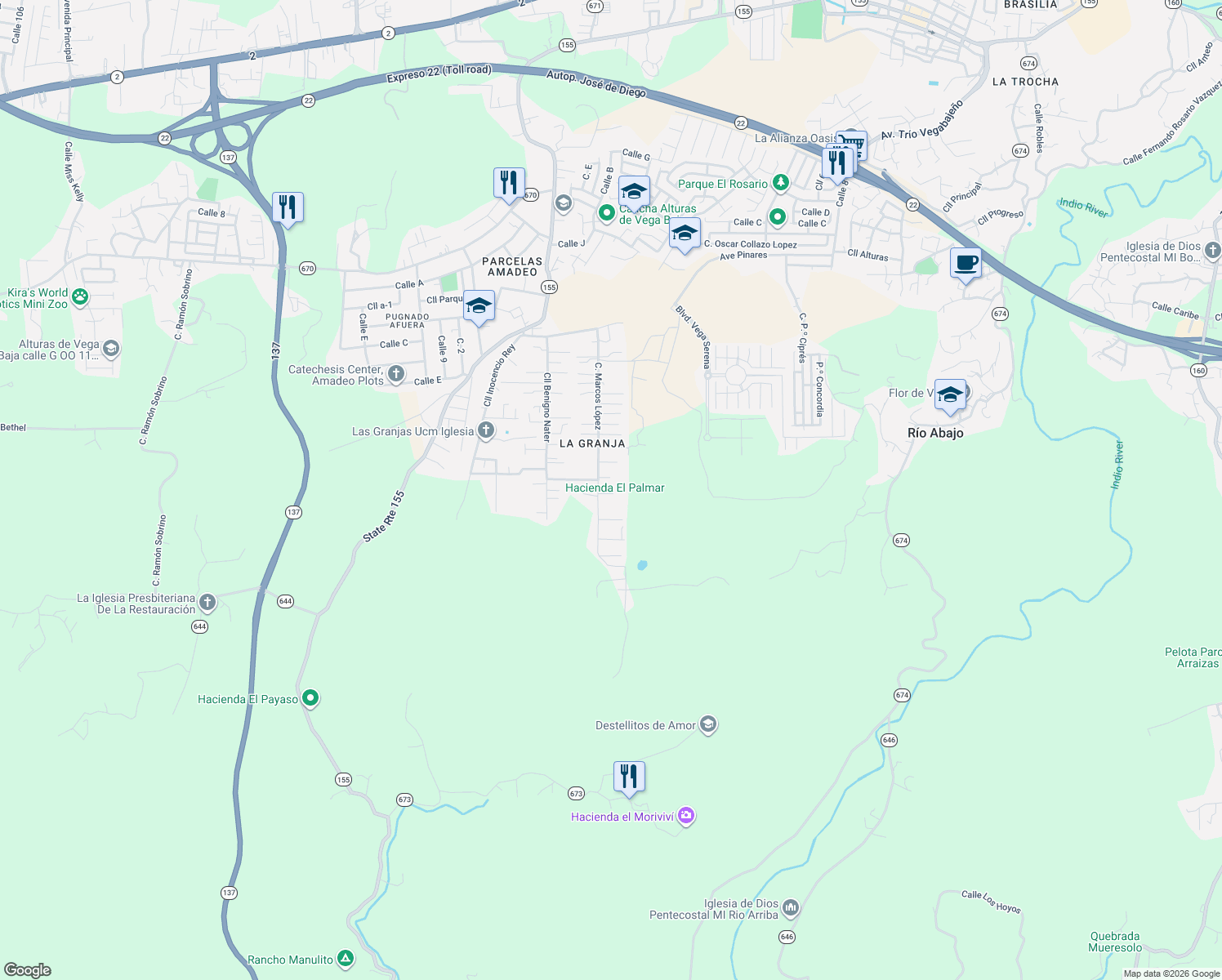 map of restaurants, bars, coffee shops, grocery stores, and more near in Vega Baja
