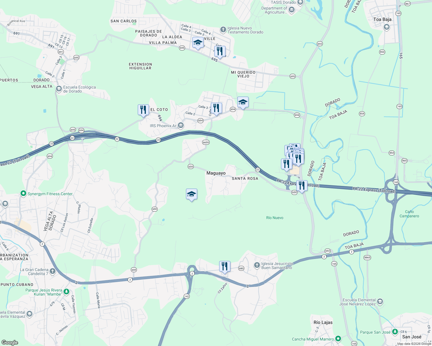 map of restaurants, bars, coffee shops, grocery stores, and more near in Maguayo