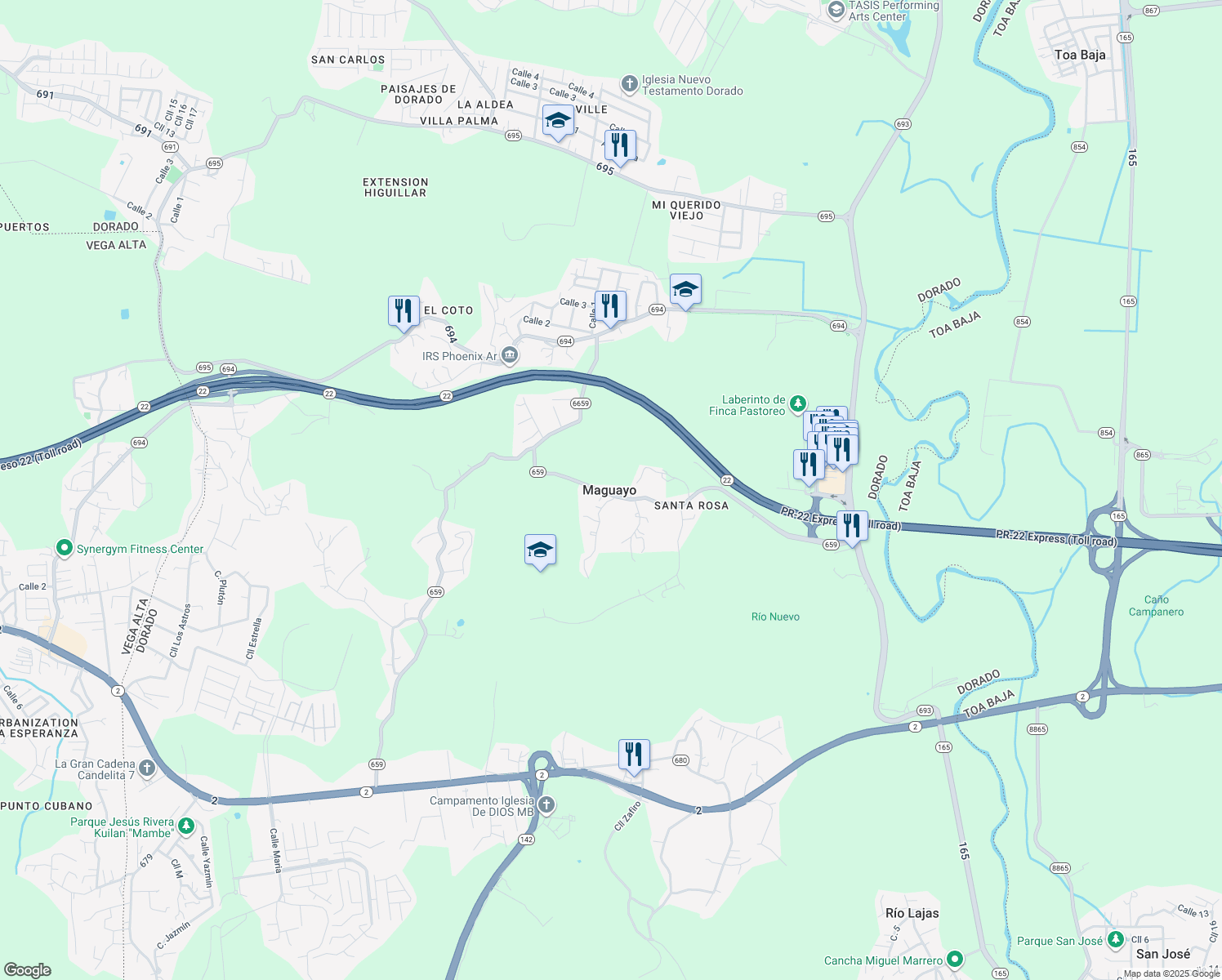 map of restaurants, bars, coffee shops, grocery stores, and more near in Maguayo