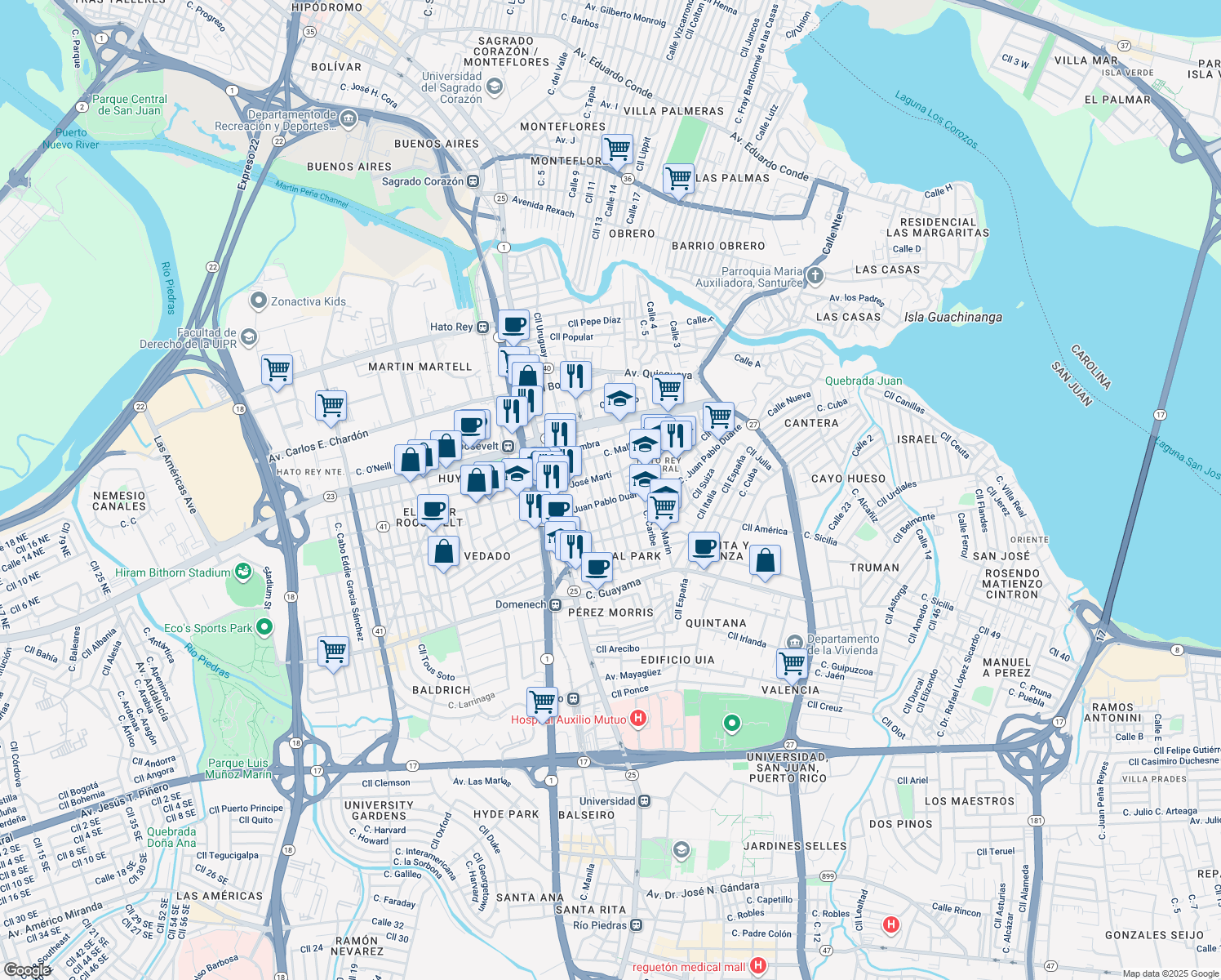 map of restaurants, bars, coffee shops, grocery stores, and more near 405-415 Calle Salvador Brau in San Juan