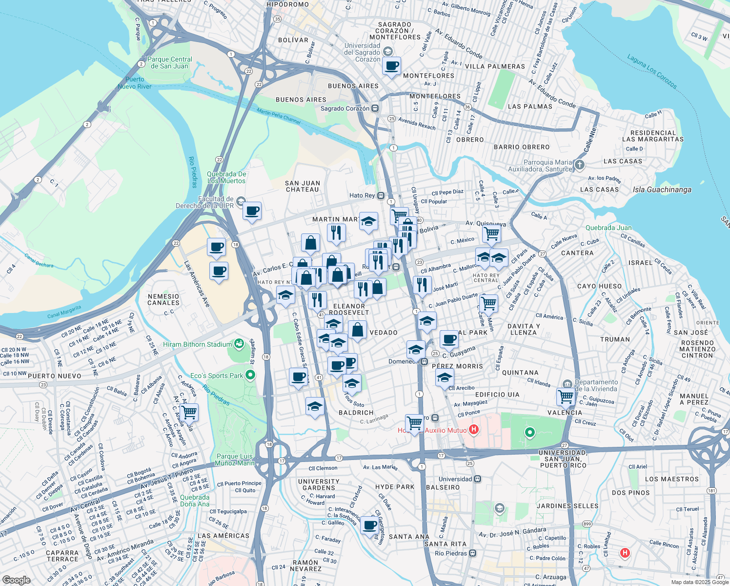 map of restaurants, bars, coffee shops, grocery stores, and more near 154-190 Calle José Padin in San Juan