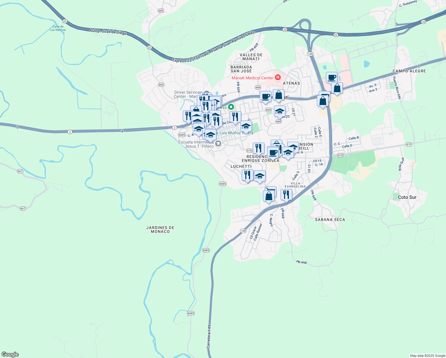 map of restaurants, bars, coffee shops, grocery stores, and more near Puerto Rico 6685 in Manatí