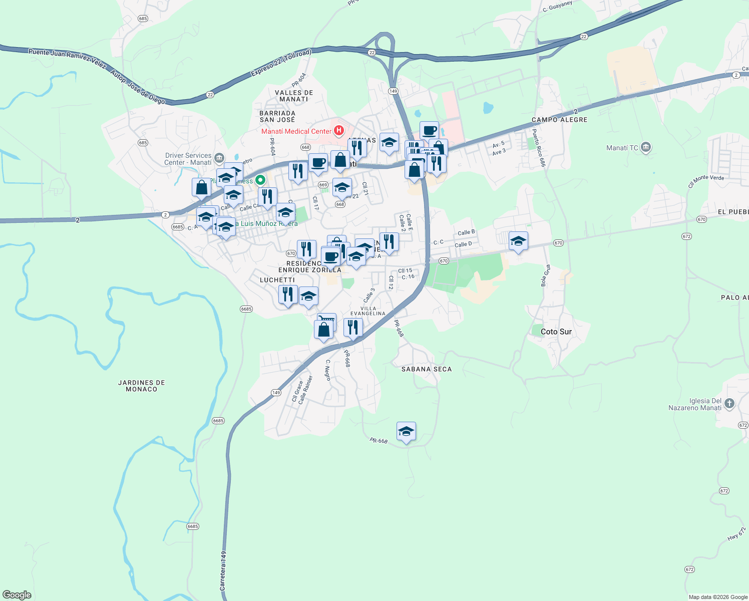 map of restaurants, bars, coffee shops, grocery stores, and more near j 24 Calle 8 in Manatí