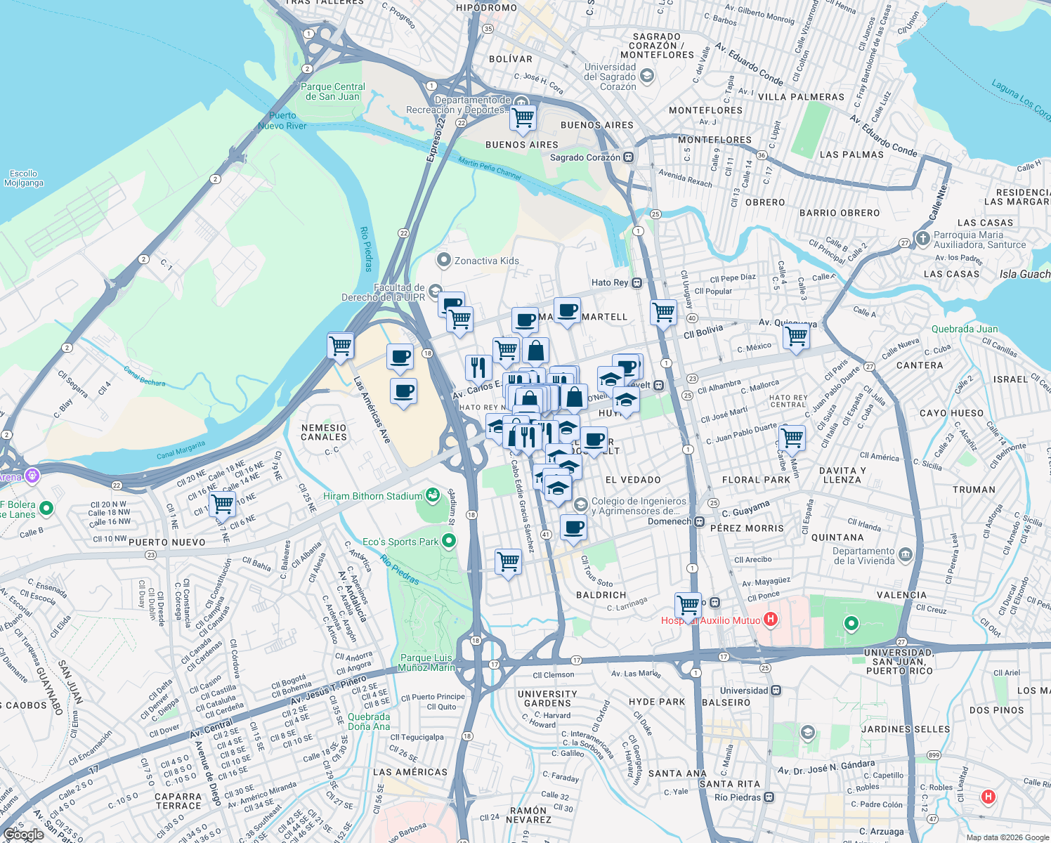 map of restaurants, bars, coffee shops, grocery stores, and more near 278 Avenida Teniente César Luis González in San Juan