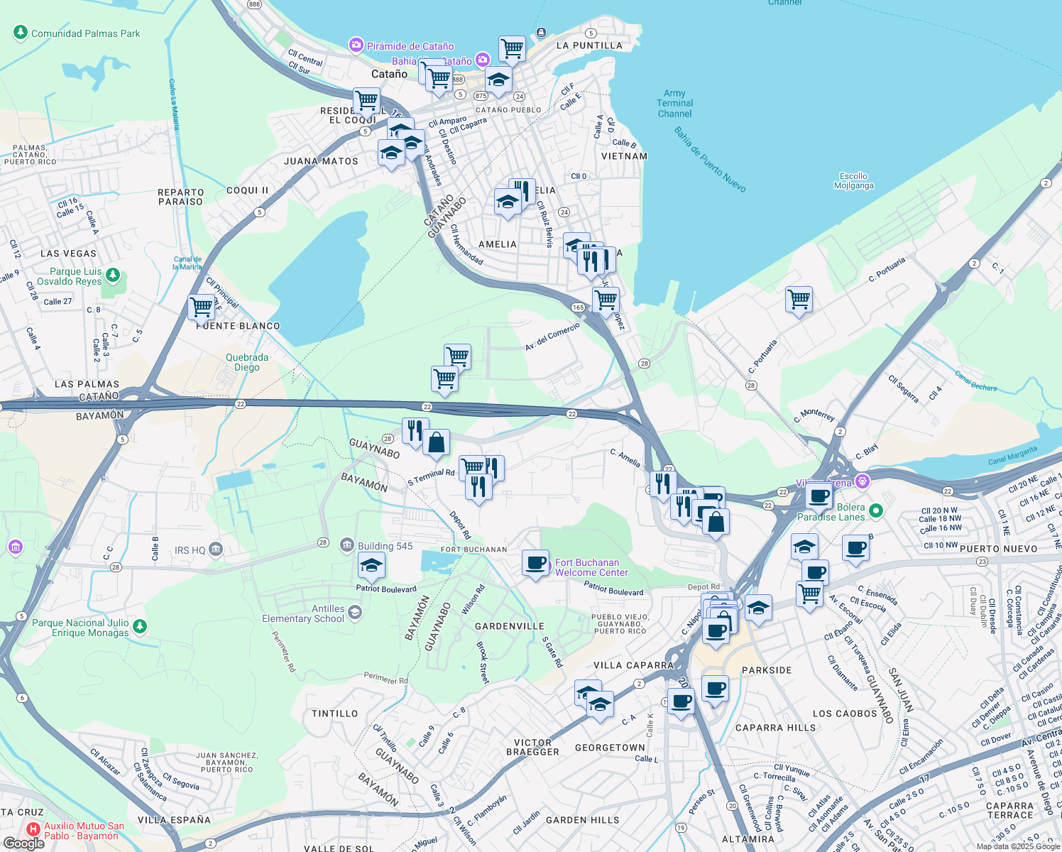 map of restaurants, bars, coffee shops, grocery stores, and more near Avenue Central Juanita in Guaynabo