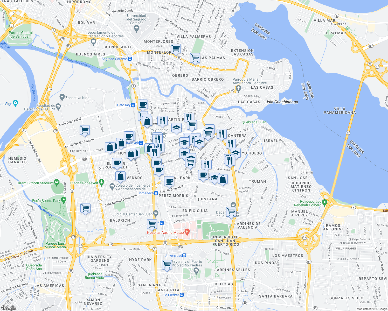 map of restaurants, bars, coffee shops, grocery stores, and more near in San Juan
