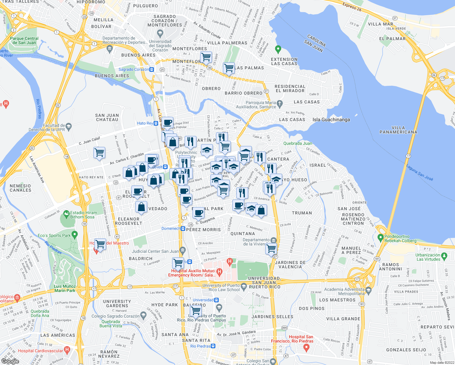 map of restaurants, bars, coffee shops, grocery stores, and more near in San Juan