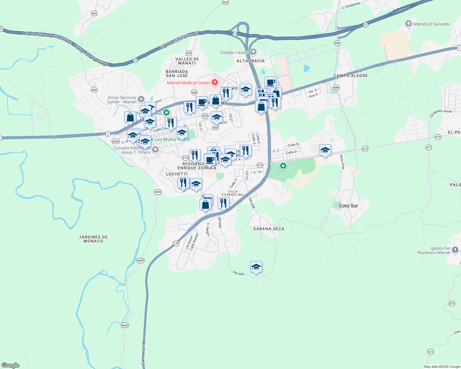 map of restaurants, bars, coffee shops, grocery stores, and more near j 24 Calle 8 in Manatí