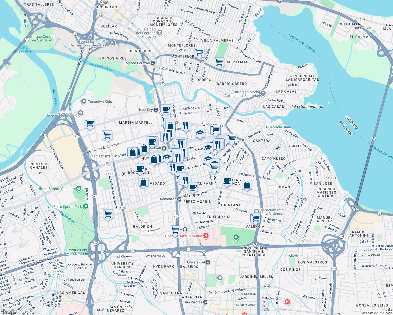 map of restaurants, bars, coffee shops, grocery stores, and more near 415 Calle Salvador Brau in San Juan