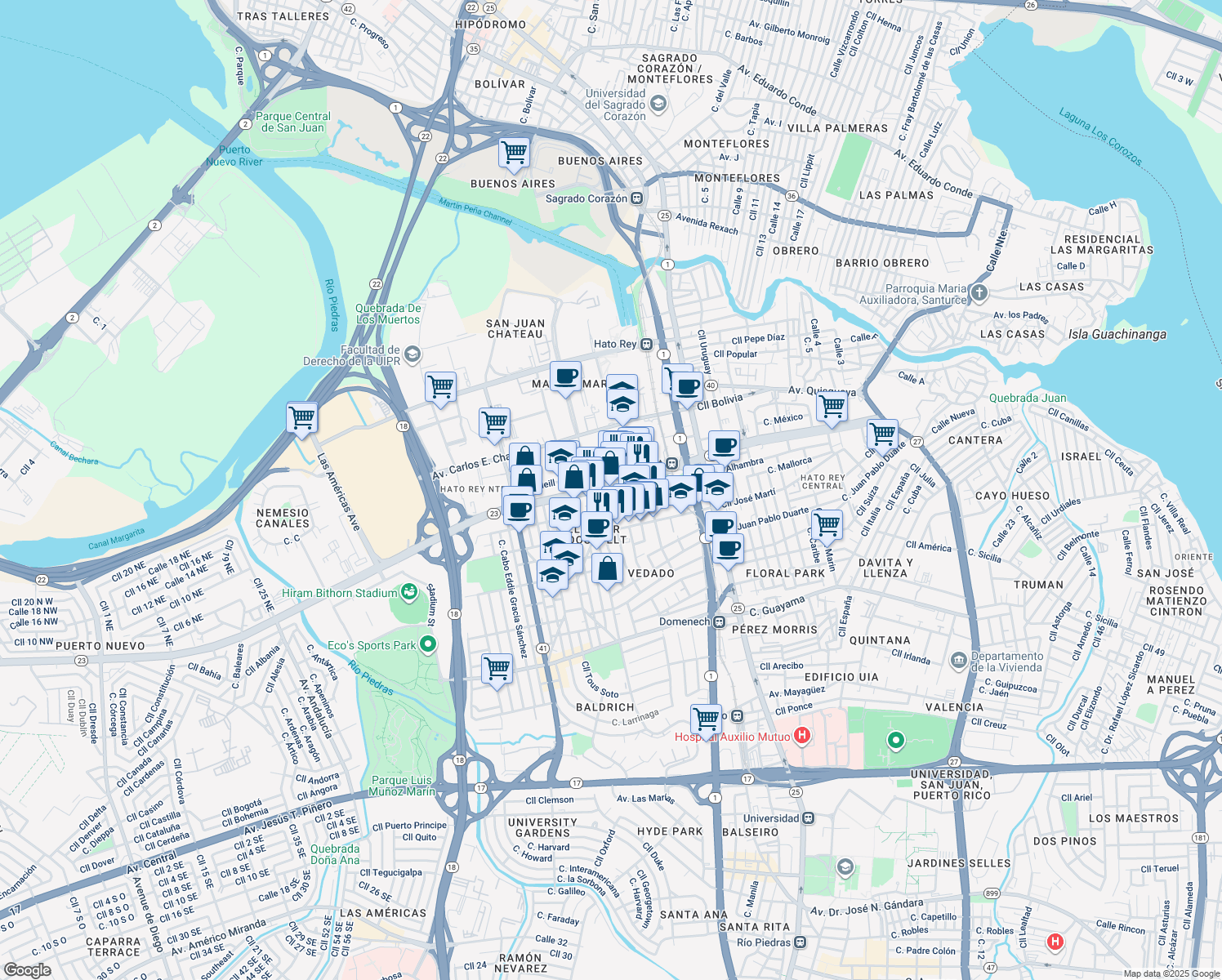 map of restaurants, bars, coffee shops, grocery stores, and more near 154 Calle José Padin in San Juan