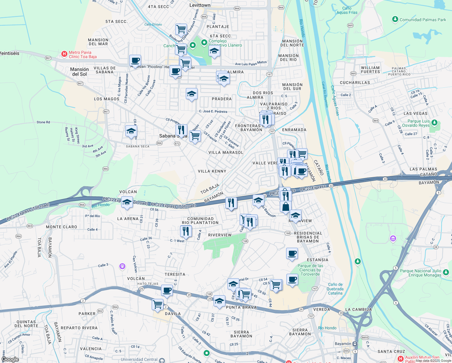 map of restaurants, bars, coffee shops, grocery stores, and more near Calle Río Espiritu Santo O in Bayamón