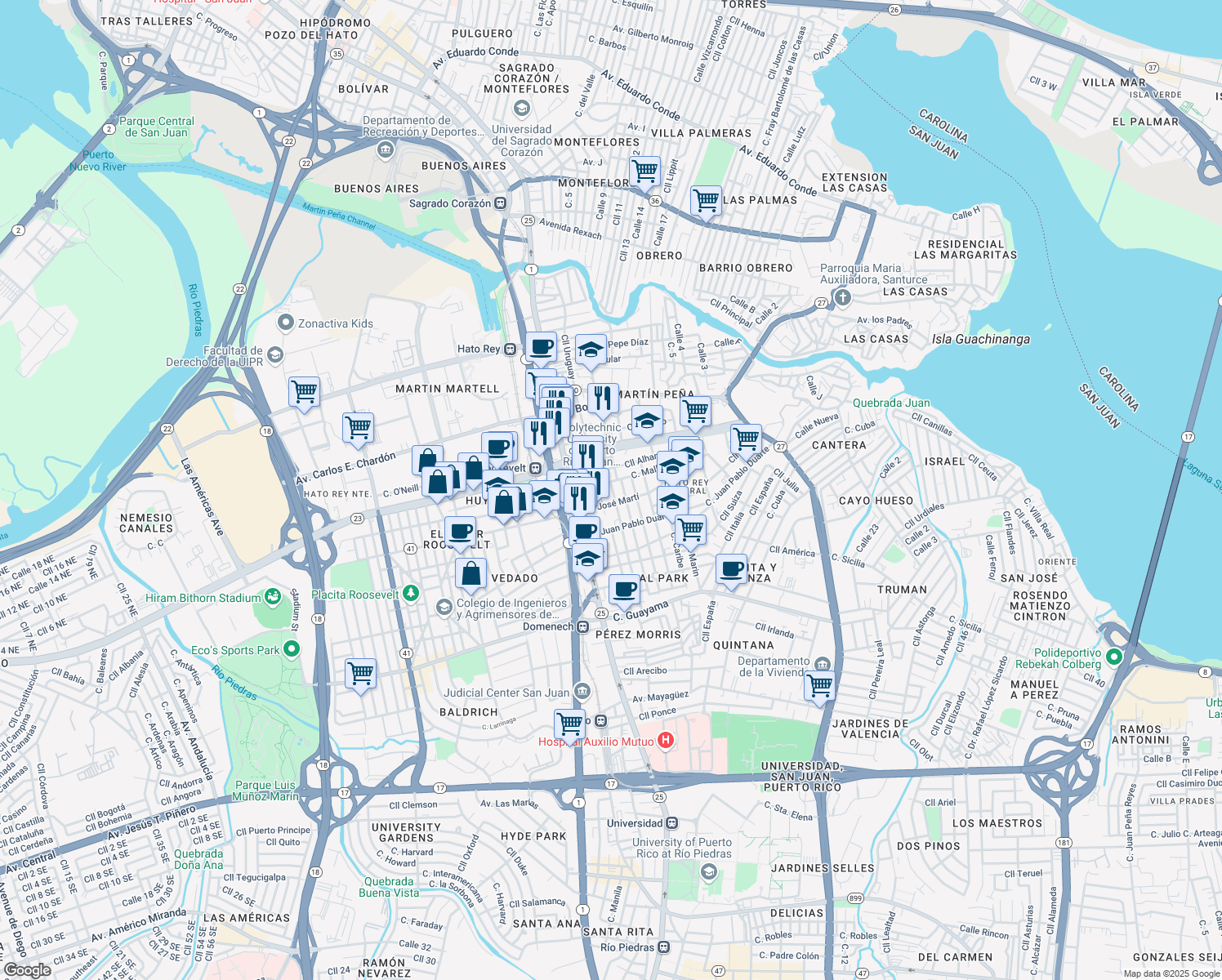 map of restaurants, bars, coffee shops, grocery stores, and more near in San Juan