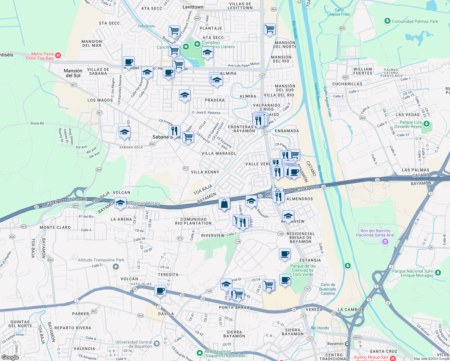 map of restaurants, bars, coffee shops, grocery stores, and more near Calle Río Espiritu Santo O in Bayamón