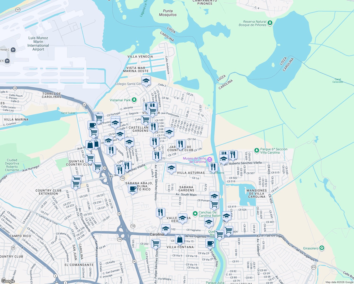 map of restaurants, bars, coffee shops, grocery stores, and more near 24 Calle 125 in Carolina