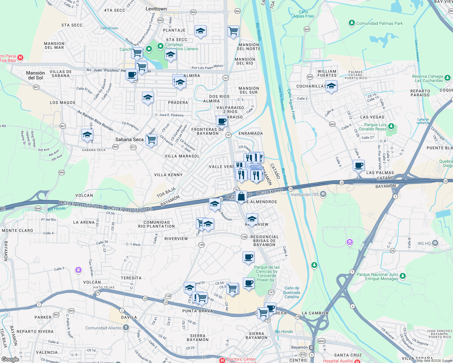 map of restaurants, bars, coffee shops, grocery stores, and more near 100 Cll Río Espiritu Santo South in Bayamón