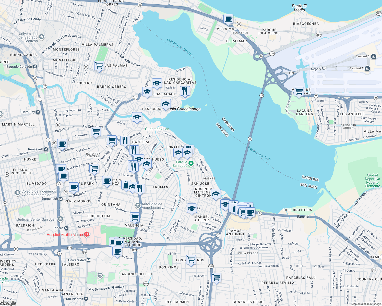 map of restaurants, bars, coffee shops, grocery stores, and more near 461 Calle Ceuta in San Juan