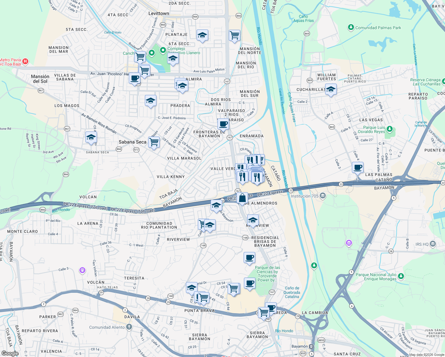 map of restaurants, bars, coffee shops, grocery stores, and more near 100 Cll Río Espiritu Santo South in Bayamón