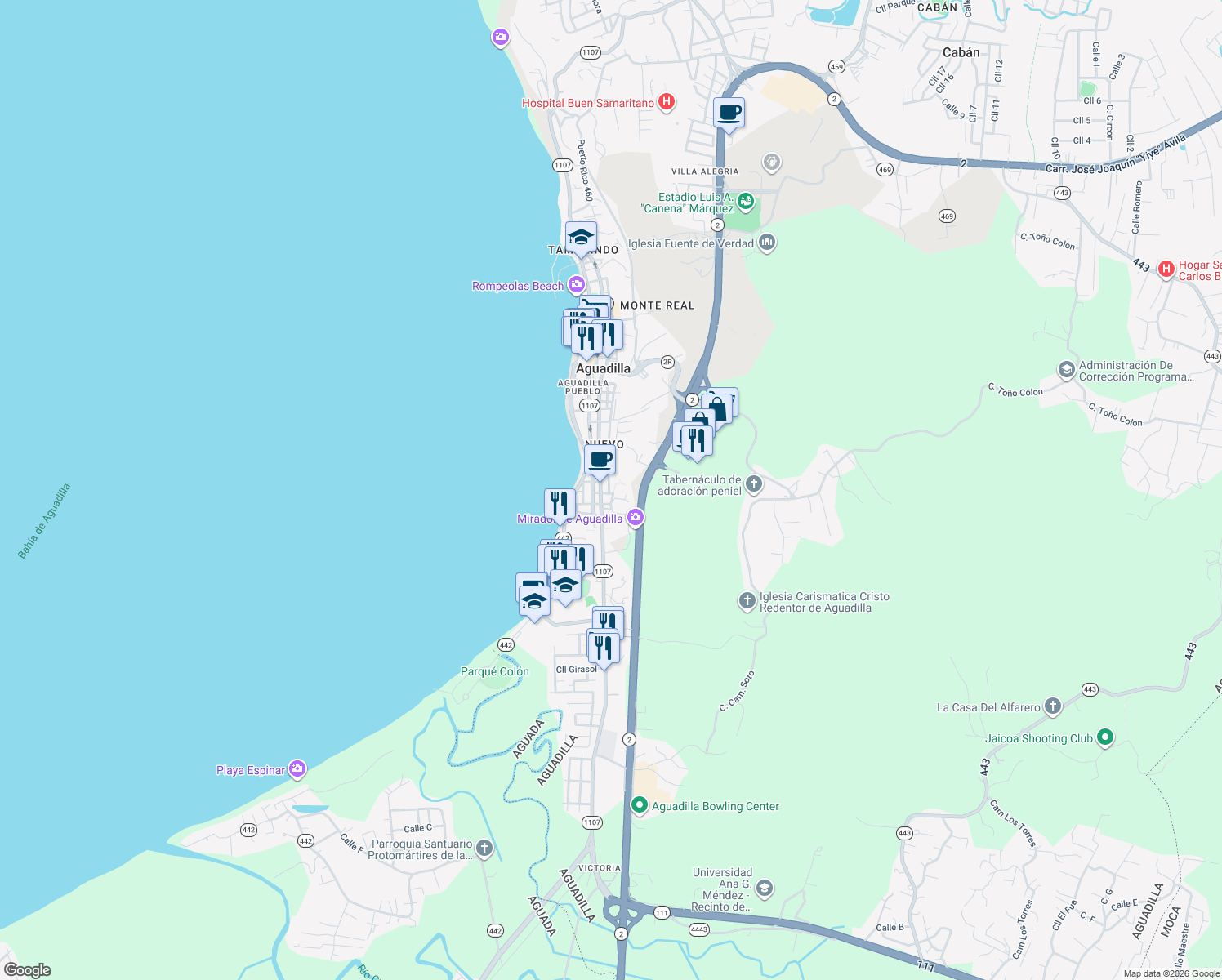 map of restaurants, bars, coffee shops, grocery stores, and more near Highway 111R in Aguadilla