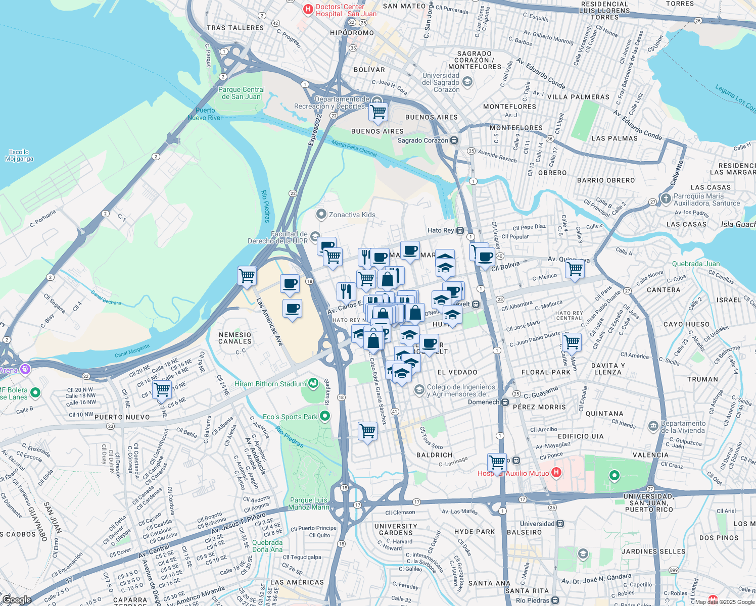 map of restaurants, bars, coffee shops, grocery stores, and more near in San Juan