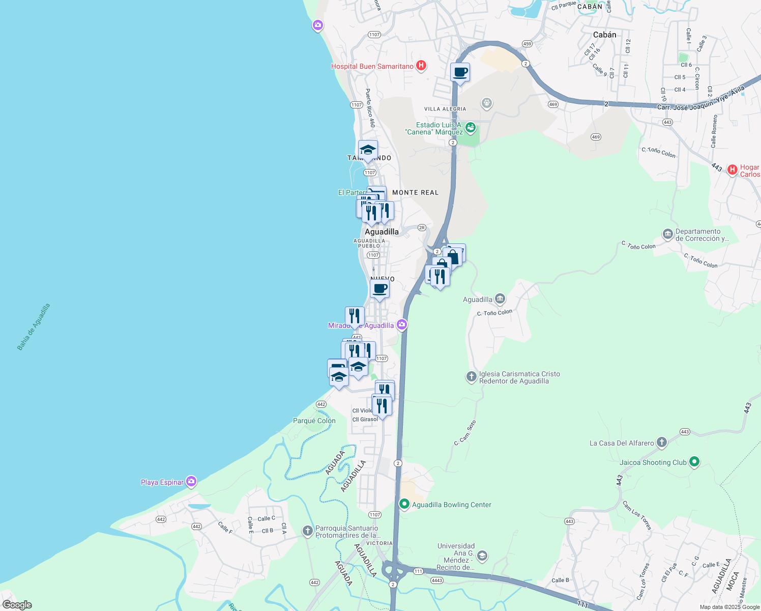 map of restaurants, bars, coffee shops, grocery stores, and more near Route 111R in Aguadilla