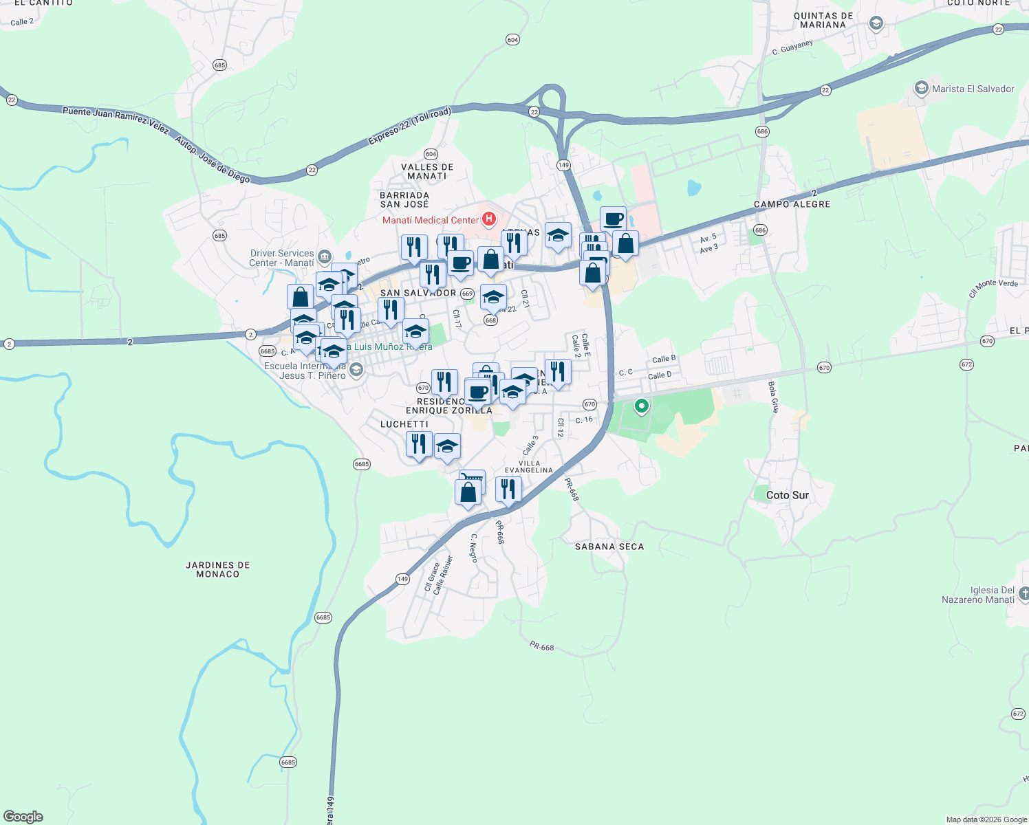 map of restaurants, bars, coffee shops, grocery stores, and more near 167-169 Calle Davilas in Manatí