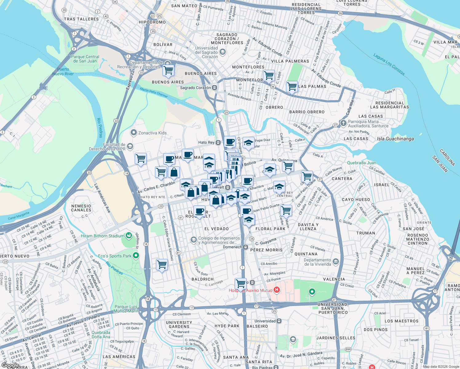 map of restaurants, bars, coffee shops, grocery stores, and more near 270 Avenida Luis Muñoz Rivera in San Juan