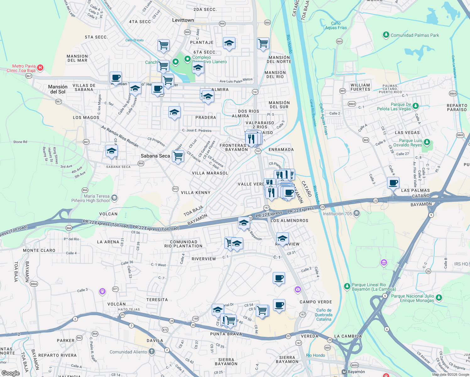map of restaurants, bars, coffee shops, grocery stores, and more near Calle Río Morovis in Bayamón