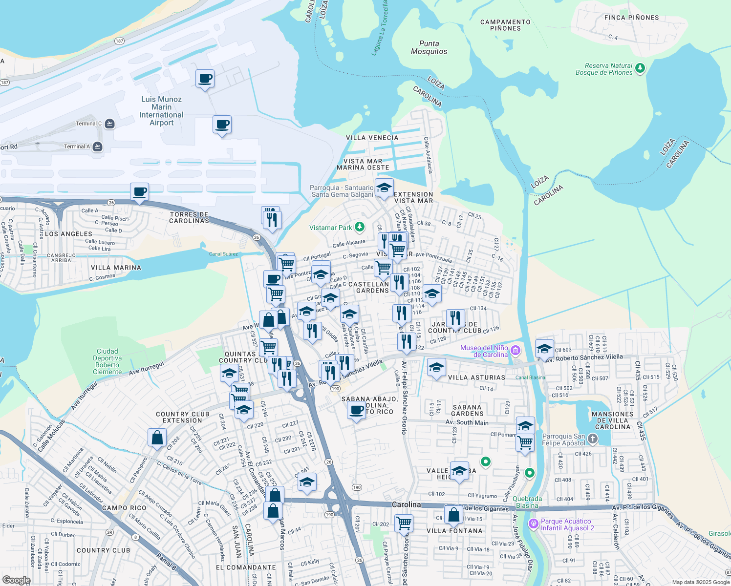 map of restaurants, bars, coffee shops, grocery stores, and more near in Carolina