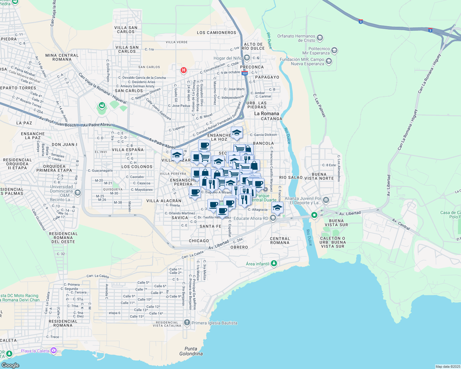 map of restaurants, bars, coffee shops, grocery stores, and more near Calle Espaillat in La Romana