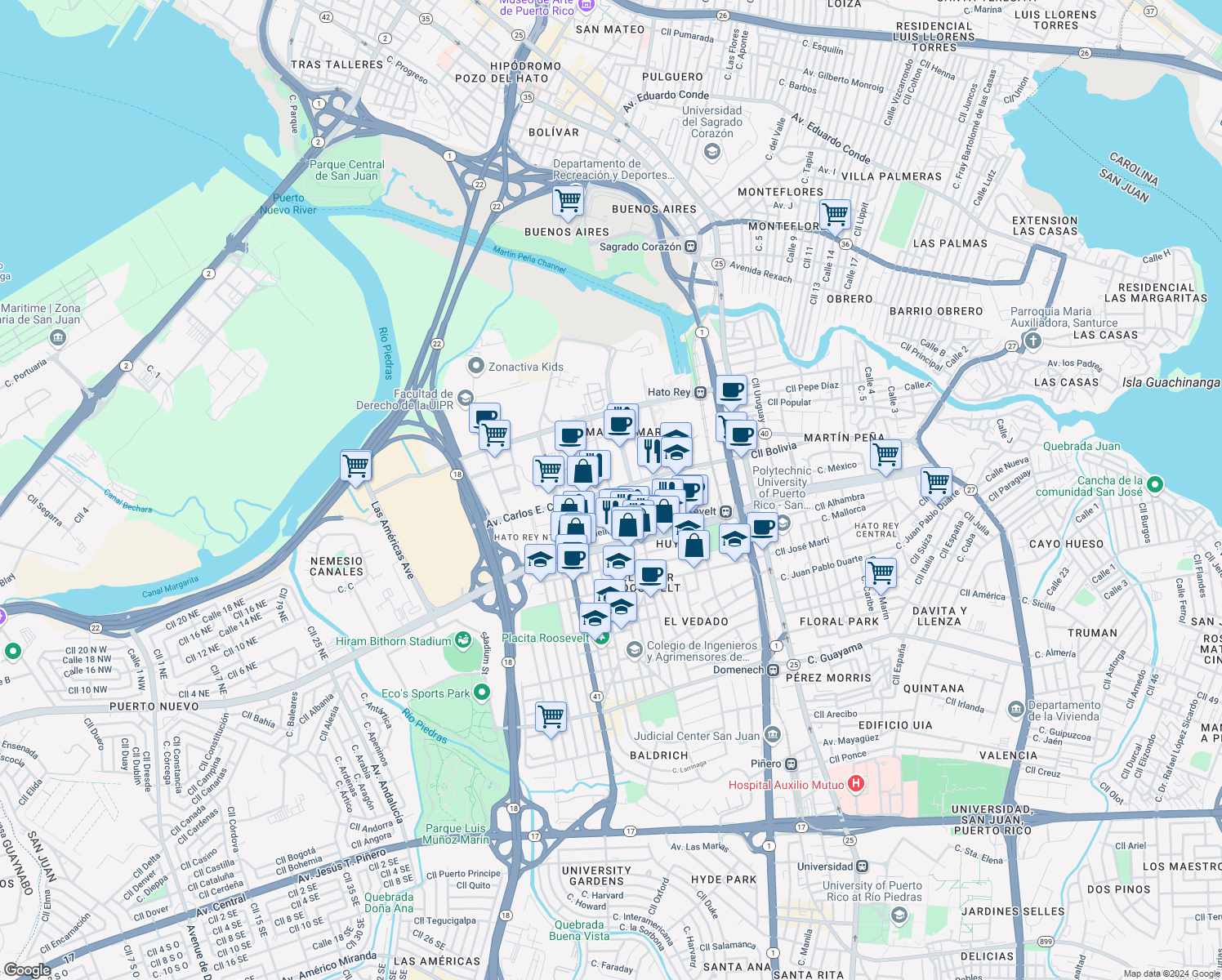 map of restaurants, bars, coffee shops, grocery stores, and more near Calle Carlos F. Chardón in San Juan