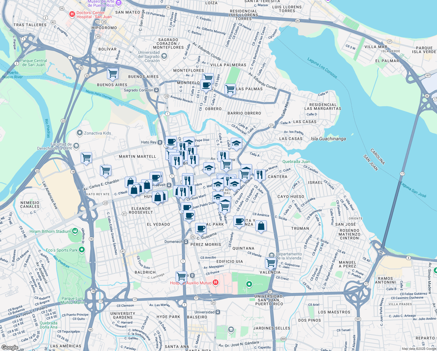 map of restaurants, bars, coffee shops, grocery stores, and more near in San Juan