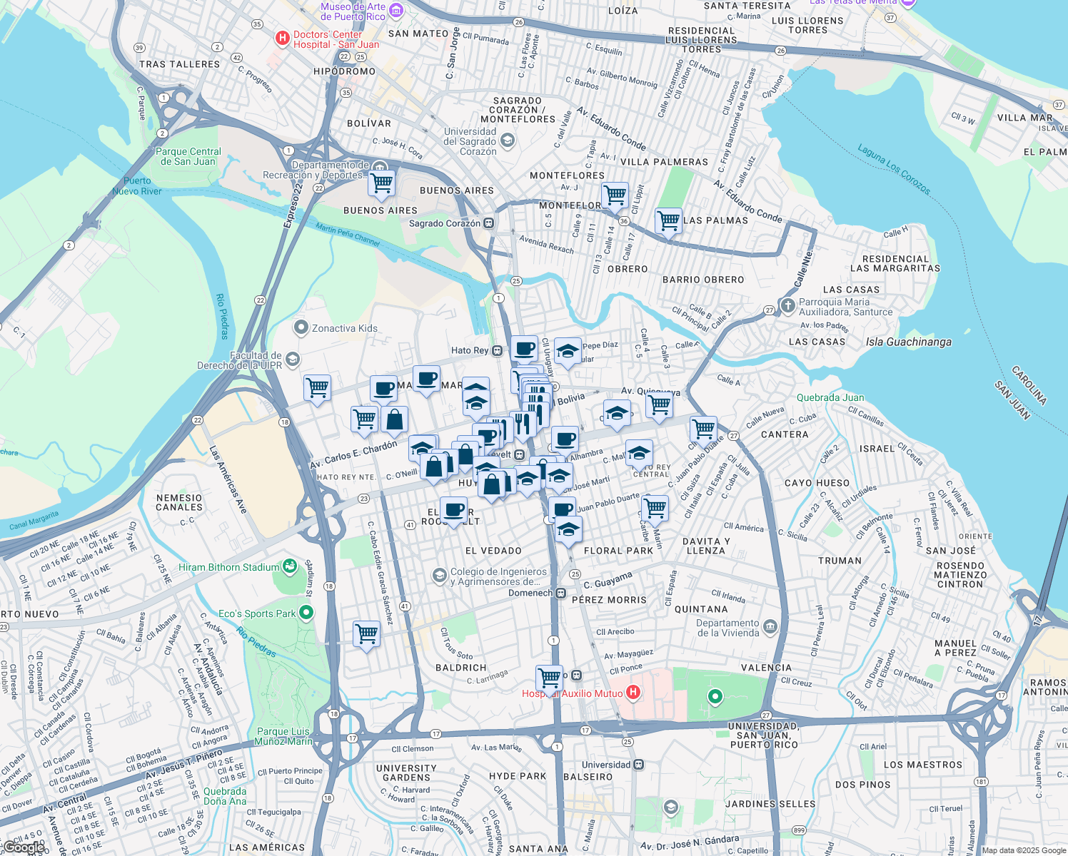 map of restaurants, bars, coffee shops, grocery stores, and more near 268 Avenida Juan Ponce de León in San Juan