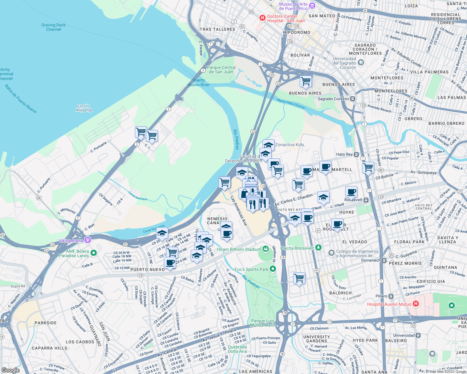 map of restaurants, bars, coffee shops, grocery stores, and more near Calle Juan Calaf in San Juan